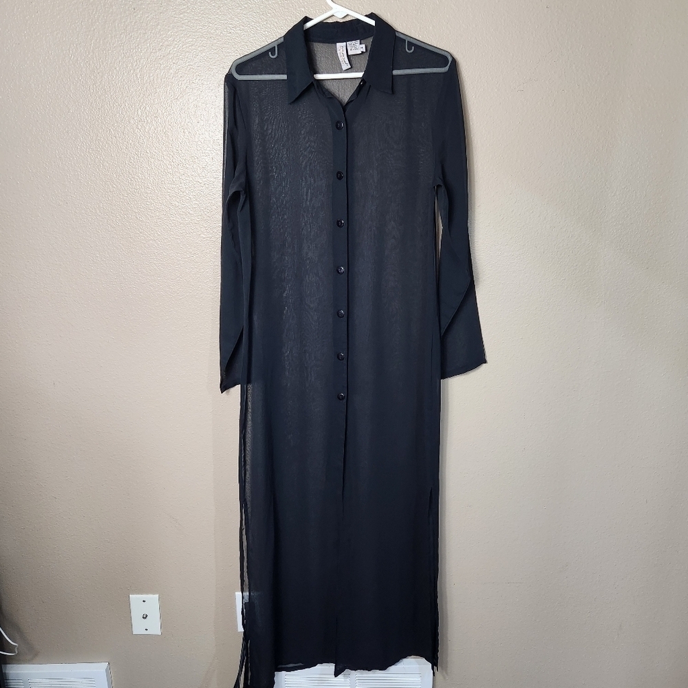 Sun Streak by Newport News Womens |M| Black Sheer LS Maxi Cover Up Dress w/Slits